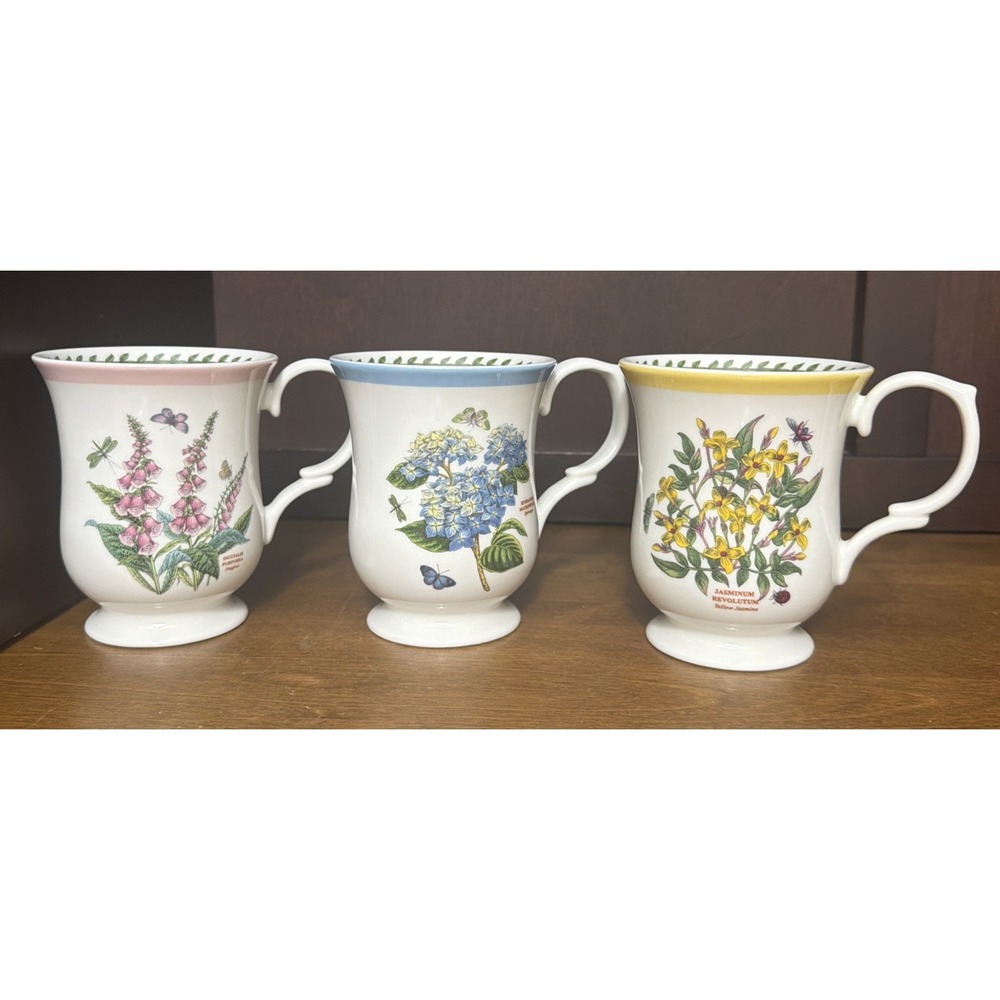3 Portmeirion Botanic Garden Terrace Footed Mugs Foxglove, Hydrangea, Jasmine